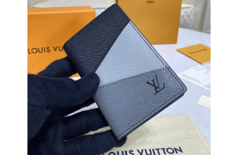 Louis Vuitton M30729 LV Pocket Organizer Wallet in Gray monochrome Taiga leather