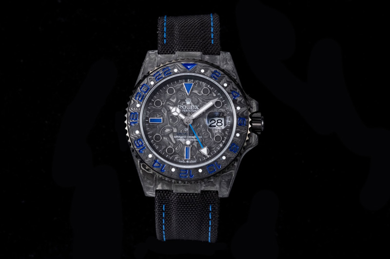 Rolex GMT DIW Carbon OMF Best Edition Black/Blue Black Dial on Black Nylon Strap SA3186 CHS