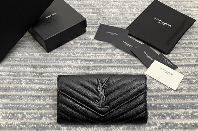 Saint Laurent 372264 YSL Monogram Large Flap Wallet in Black Grain de Poudre Embossed Leather With Black YSL
