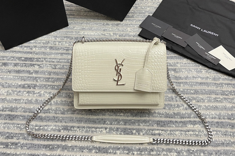 YSL 442906 Saint Laurent Medium Sunset Monogram Bag in White Crocodile Leather With Silver Hardware