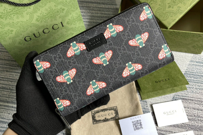 Gucci 451273 Gucci Bestiary GG Supreme zip around wallet with bees in Black GG Supreme canvas with bee print