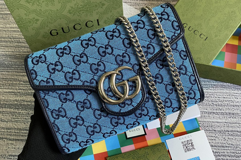 Gucci 474575 GG Marmont Multicolor mini bag in Light blue and blue diagonal matelassé GG canvas