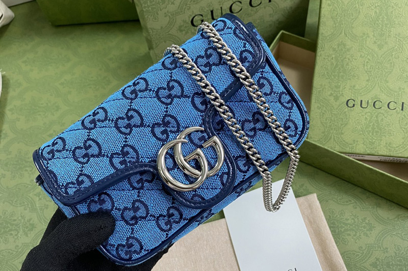 Gucci 476433 GG Marmont Multicolor super mini bag in Light blue and blue diagonal matelassé GG canvas
