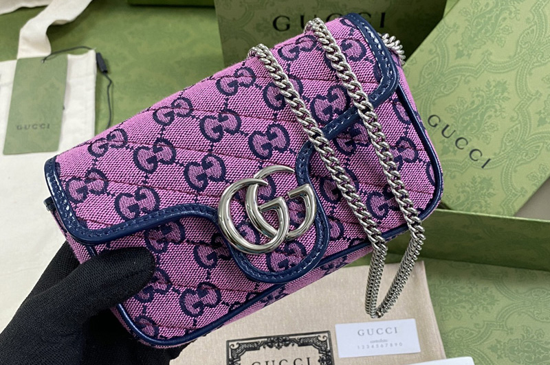 Gucci 476433 GG Marmont Multicolor super mini bag in Pink diagonal matelassé GG canvas