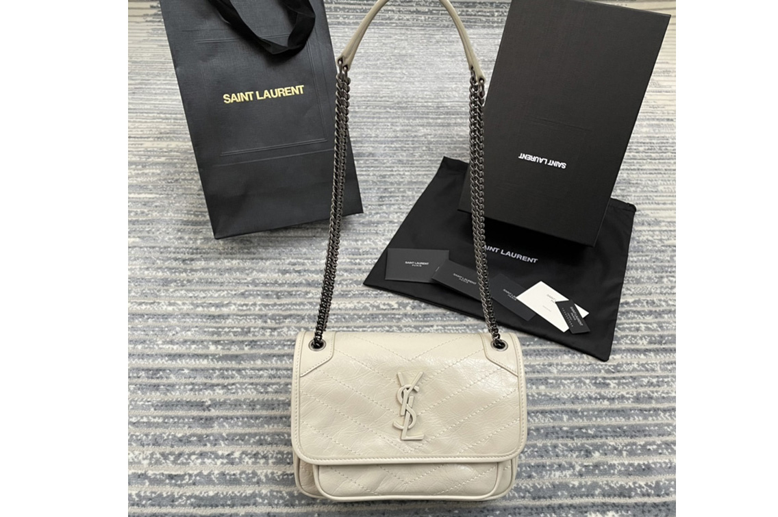 Saint Laurent 533037 YSL niki baby Bag in White crinkled vintage leather