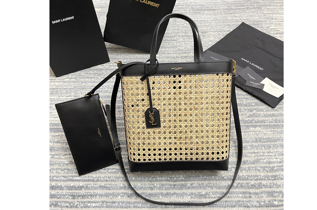 Saint Laurent 655161 YSL n/s toy shopping bag in woven cane and Black leather