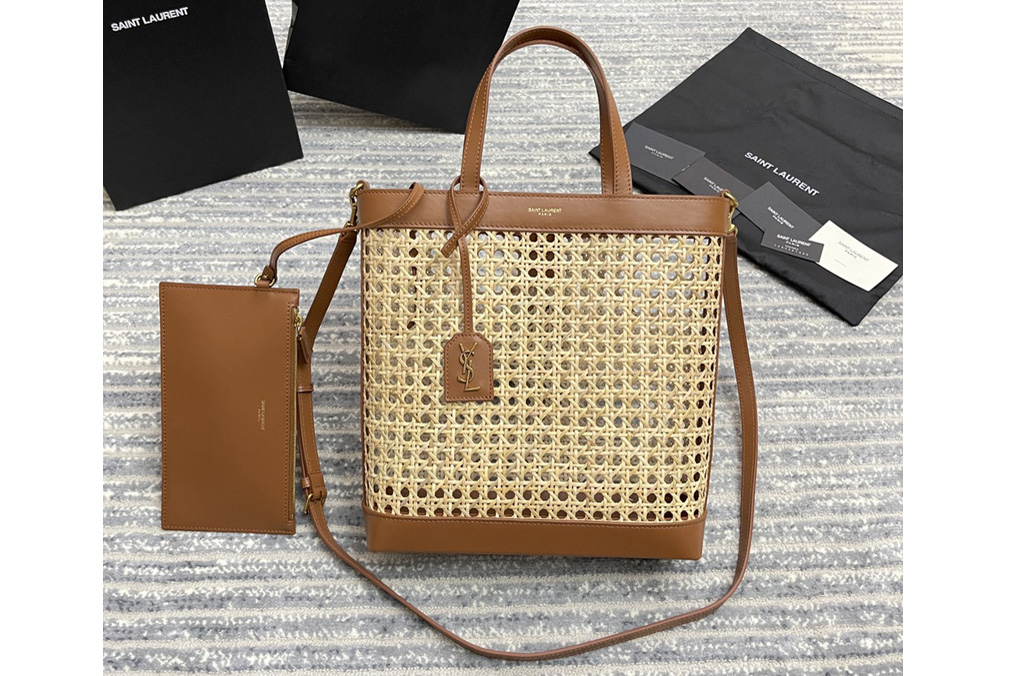 Saint Laurent 655161 YSL n/s toy shopping bag in woven cane and Brown leather