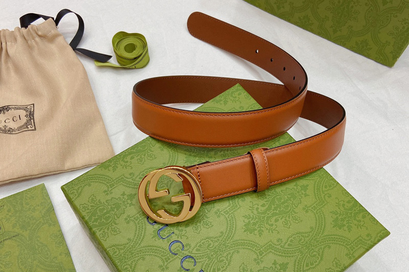 Women Gucci ‎655566 30mm Thin belt with Interlocking G buckle in Brown Leather With Gold Buckle