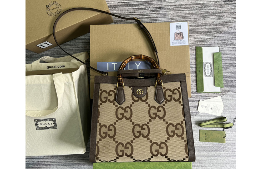 Gucci 655658 Gucci Diana medium tote bag in Camel and ebony jumbo GG canvas