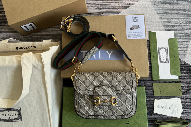 Gucci x Balenciaga 658574 Horsebit 1955 mini bag in Beige and ebony GG Supreme canvas