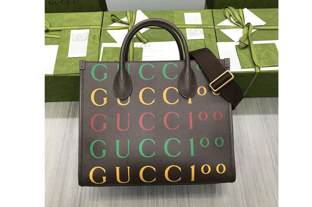 Gucci 680956 Gucci 100 small tote bag in Gucc100 print brown leather