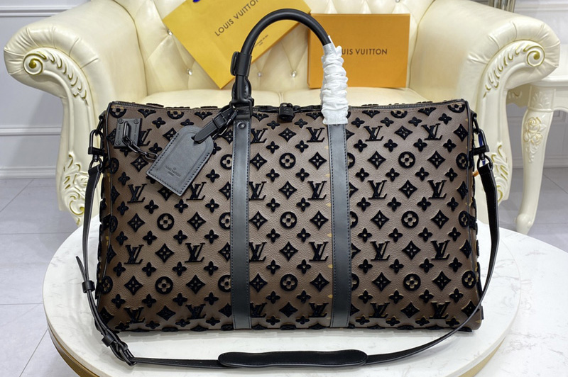 Louis Vuitton M45046 LV Keepall triangle Bandoulière 50 Travel Bag in Black Monogram Tuffetage Jaune
