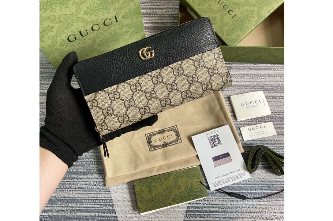 Gucci 456117 GG Marmont zip around wallet in Beige and ebony GG Supreme canvas With Black Leather