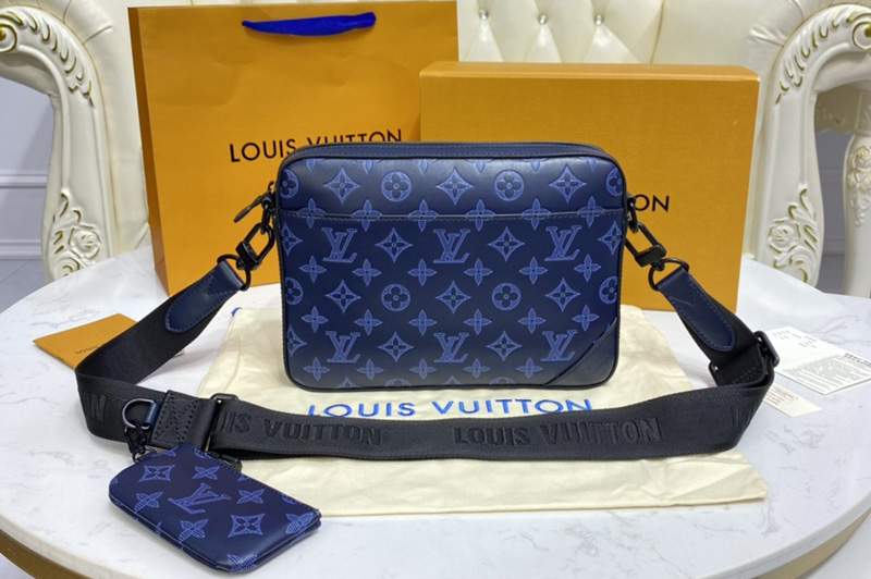 Louis Vuitton M45730 LV Duo Messenger bag in navy blue Monogram Shadow leather