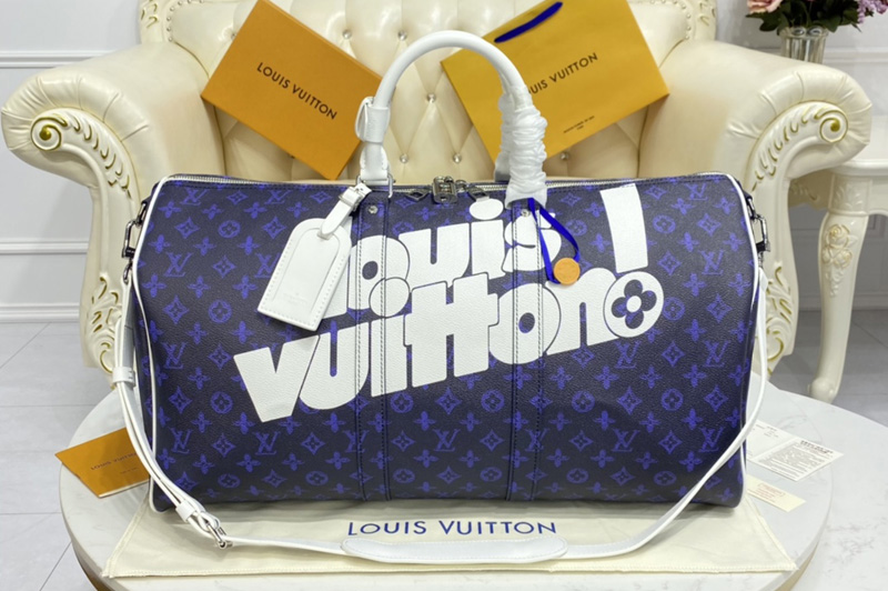 Louis Vuitton M45874 LV Keepall Bandoulière 55 bag in Blue vintage Monogram canvas