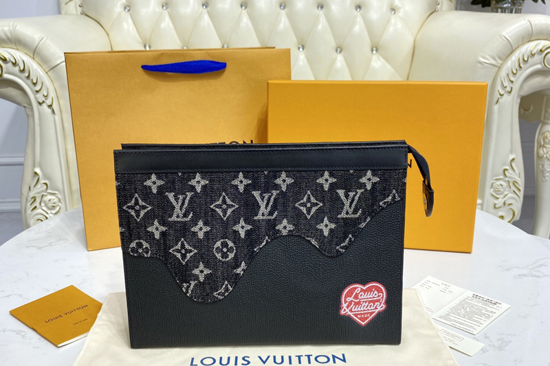 Louis Vuitton M45961 LV Pochette Voyage MM in Black Monogram denim and Taurillon leather