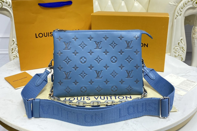 Louis Vuitton M58628 LV Coussin PM handbag in Blue/Gray Monogram embossed puffy lambskin