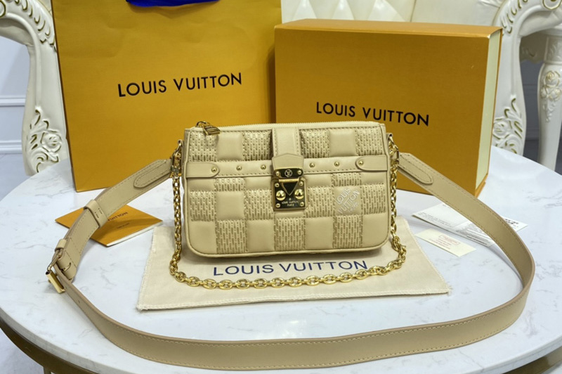 Louis Vuitton M59048 LV Pochette Troca Bag in Beige Damier Quilt lamb leather