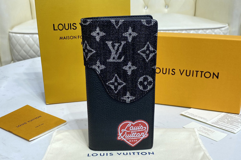 Louis Vuitton M66540 LV Brazza wallet in Black Monogram denim and Taurillon leather