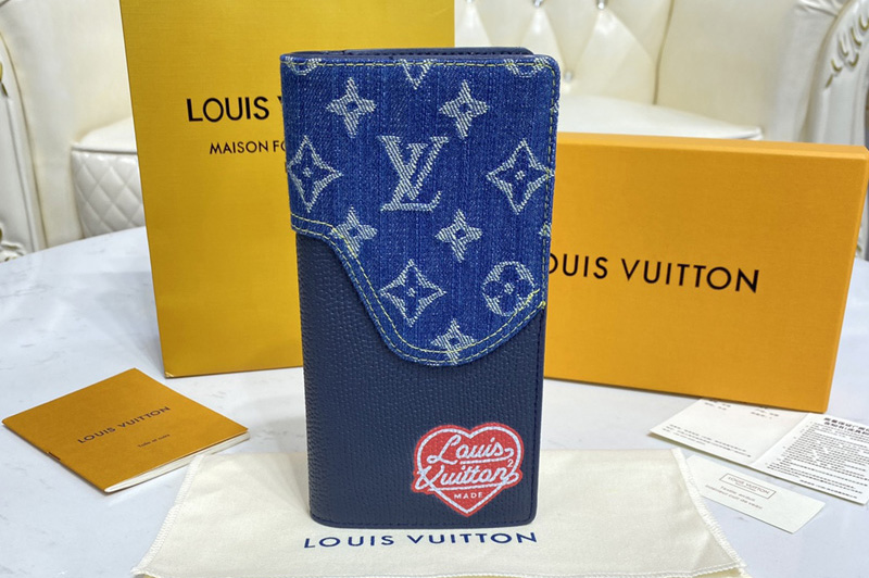 Louis Vuitton M66540 LV Brazza wallet in Blue Monogram denim and Navy Blue Taurillon leather