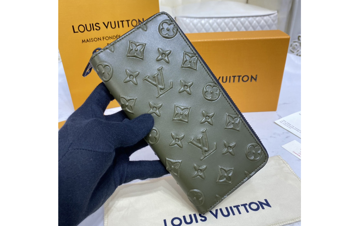 Louis Vuitton M80505 LV Zippy Vertical Wallet in Khaki Monogram Seal cowhide leather