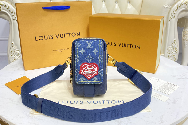 Louis Vuitton M81060 LV flap double phone pouch in Blue Monogram denim and Navy Blue Taurillon leather