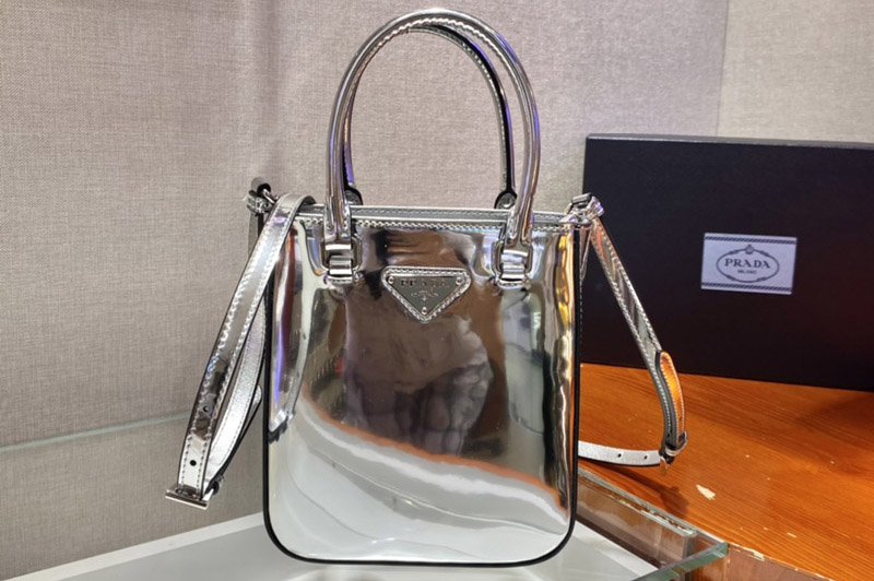 Prada 1BA331 Small brushed leather tote Bag in Silver brushed leather
