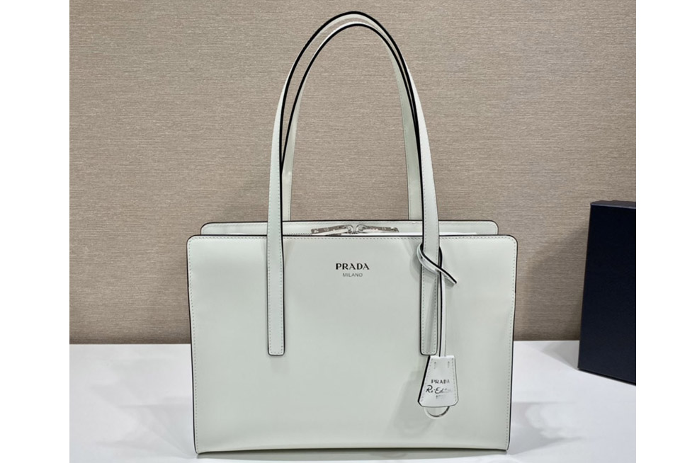 Prada 1BA350 Re-Edition 1995 brushed-leather medium handbag in White Leather