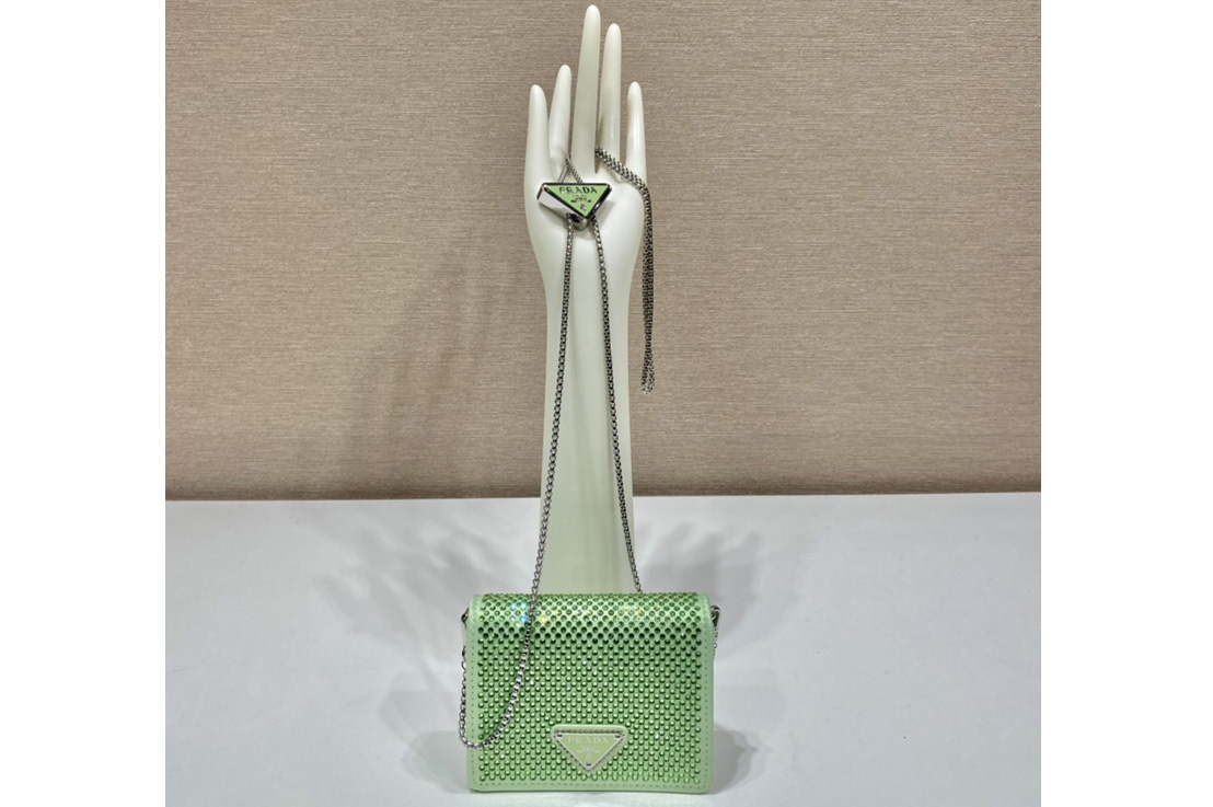 Prada 1MR024 Cardholder with shoulder strap and crystals on Green