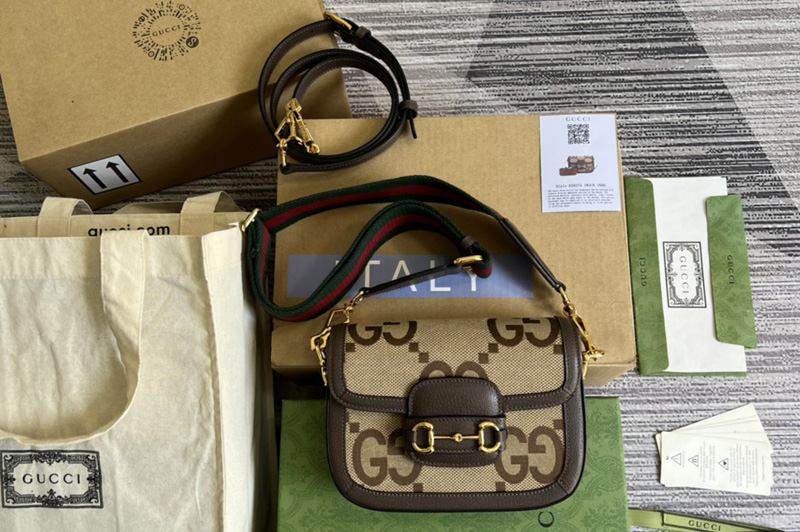 Gucci 658574 Gucci Horsebit 1955 jumbo GG mini bag in Camel and ebony jumbo GG canvas