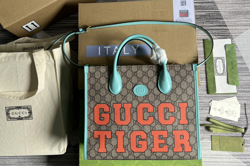 Gucci ‎659983 Gucci Tiger GG small tote bag in Beige and ebony GG Supreme canvas