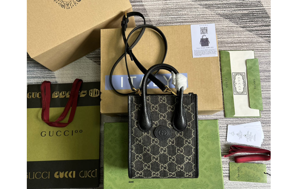 Gucci ‎671623 Mini tote bag with Interlocking G in Black and ivory GG denim jacquard