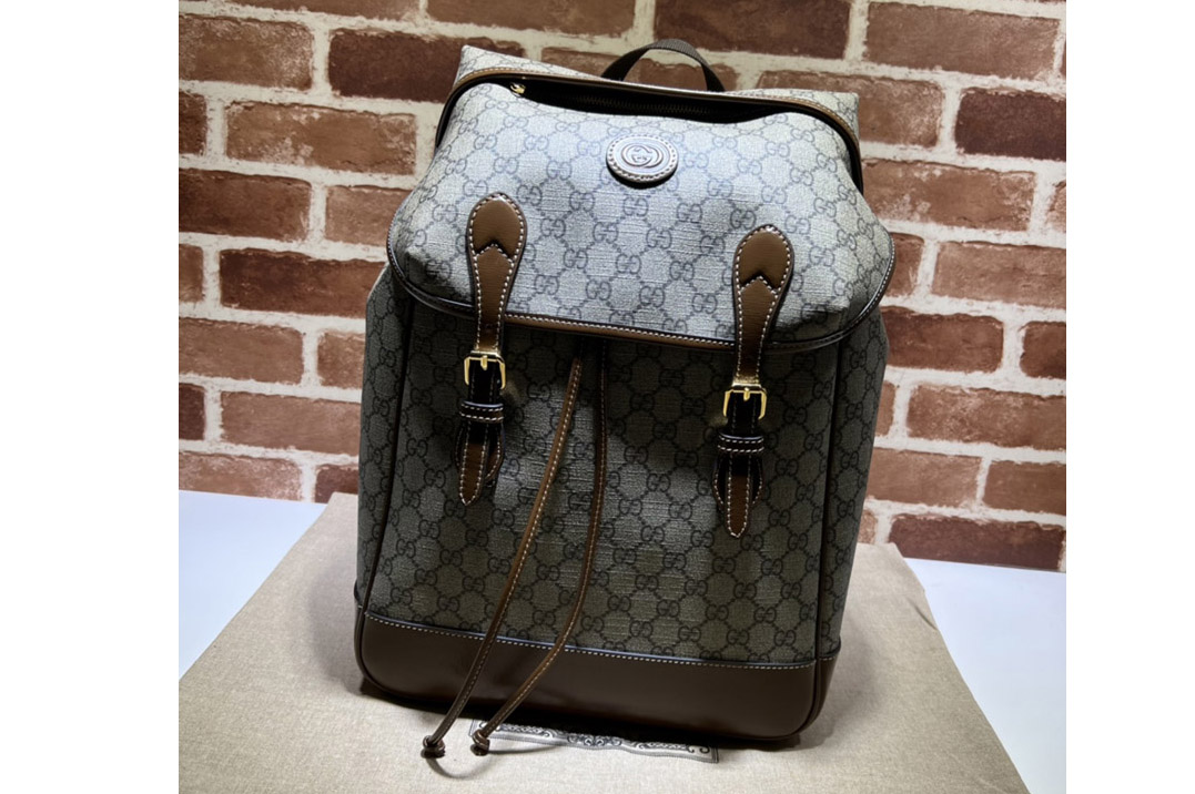 Gucci 696013 Medium backpack with Interlocking G in Beige and ebony GG Supreme canvas