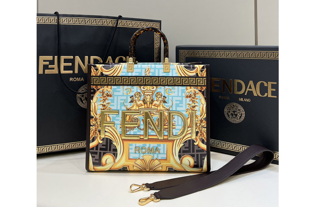 Fendi & Versace 8BH386 Fendace Sunshine Medium Shopper Bag in Fendace Printed Blue leather