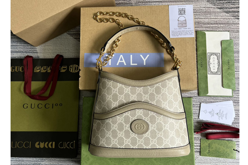 Gucci ‎‎696011 Large shoulder bag with Interlocking G in Beige and white GG Supreme canvas