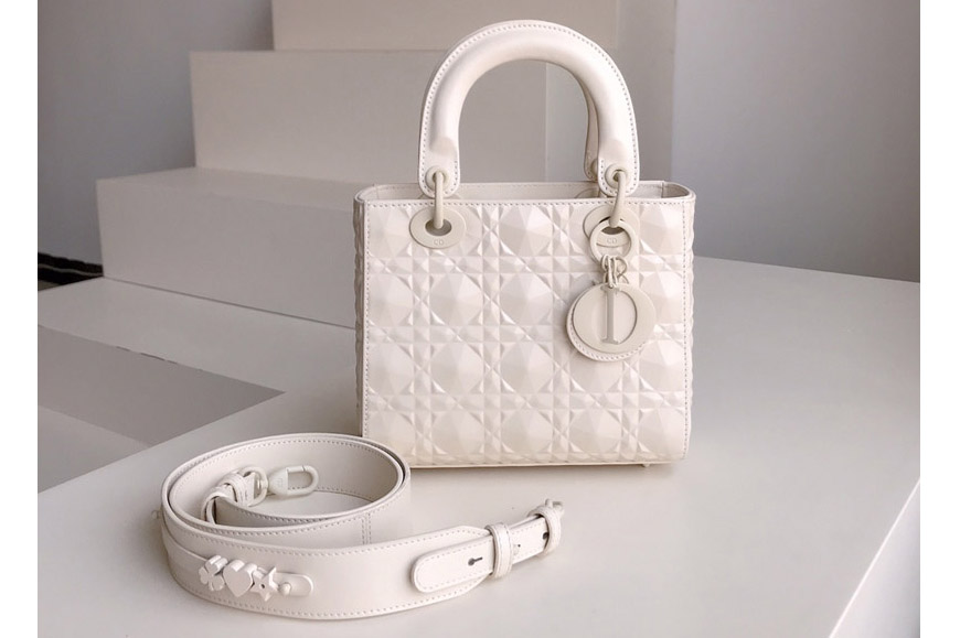 Dior M0538 Small Lady Dior My ABCDior bag in White Cannage Calfskin with Diamond Motif