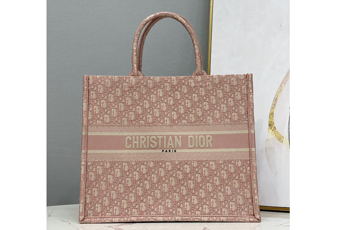 Christian Dior M1286 Large Dior book tote Bag in Pink Dior Oblique Embroidery