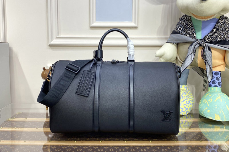 Louis Vuitton M21420 LV keepall bandouliere 50 Travel Bag in Black LV Aerogram cowhide leather