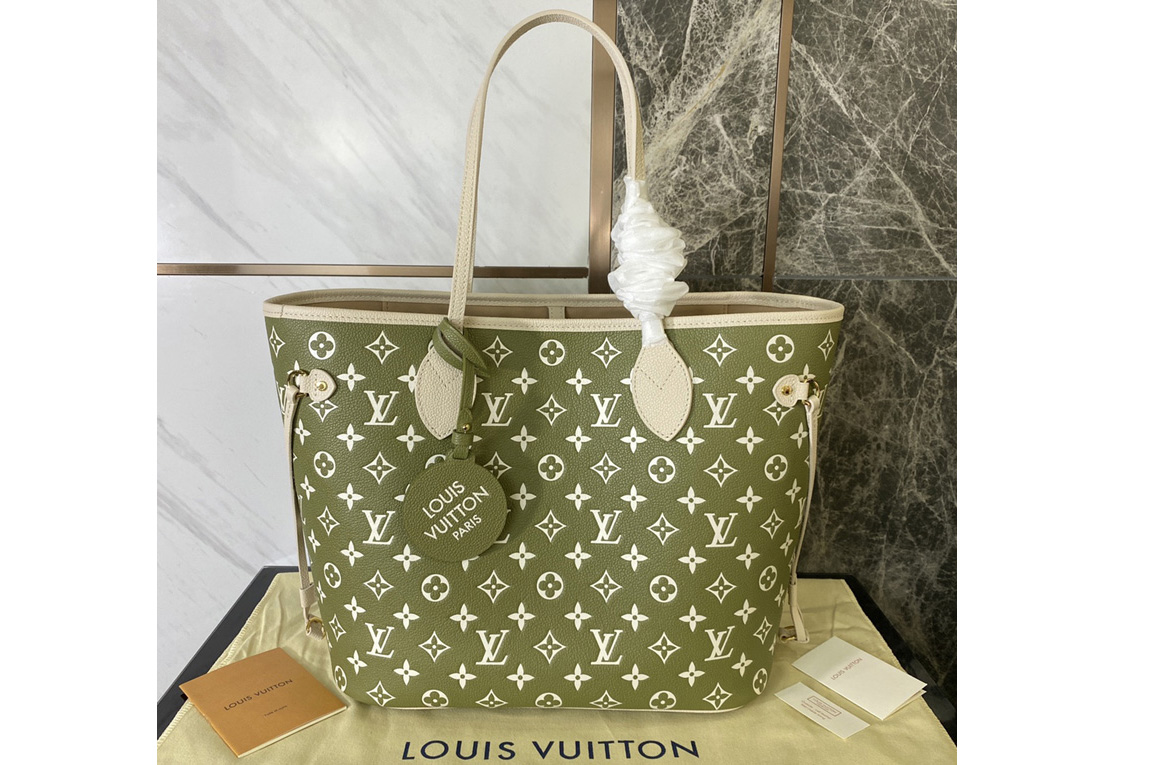 Louis Vuitton M46102 LV Neverfull MM tote bag on Khaki Green/Beige/Cream Monogram-embossed leathers