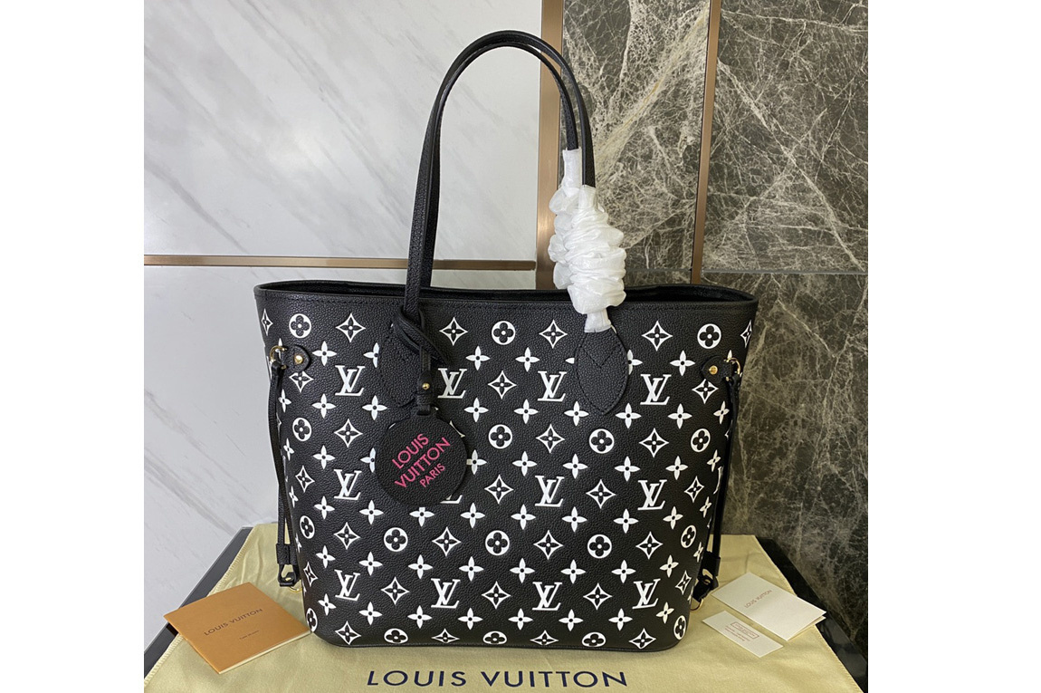 Louis Vuitton M46103 LV Neverfull MM tote bag on Black/White/Pink Monogram-embossed leathers
