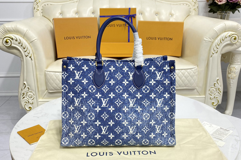 Louis Vuitton M59608 LV Onthego MM tote Bag on Navy Blue Monogram denim jacquard