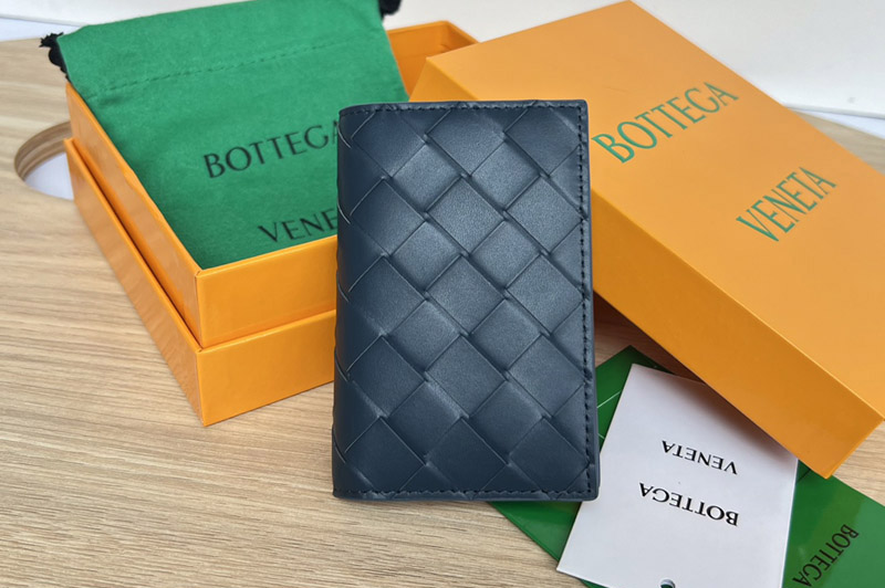 Bottega Veneta 592619 Flap Card Case in Navy Blue Intrecciato leather