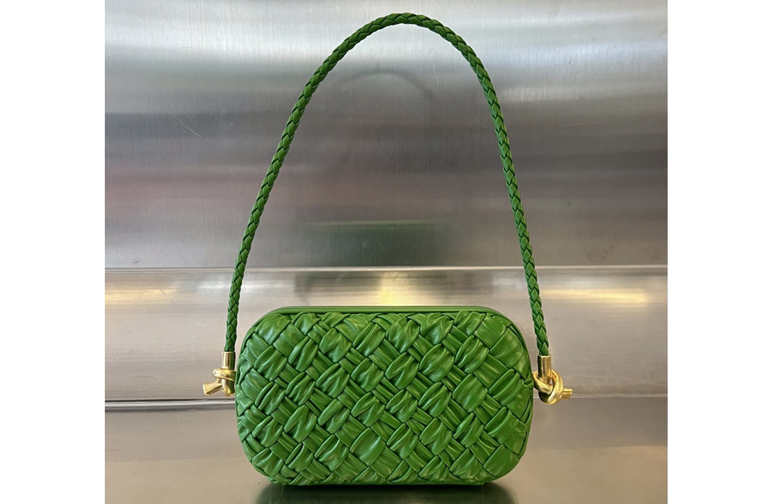 Bottega Veneta 717623 Knot on Strap Bag in Green Foulard intreccio leather minaudiere