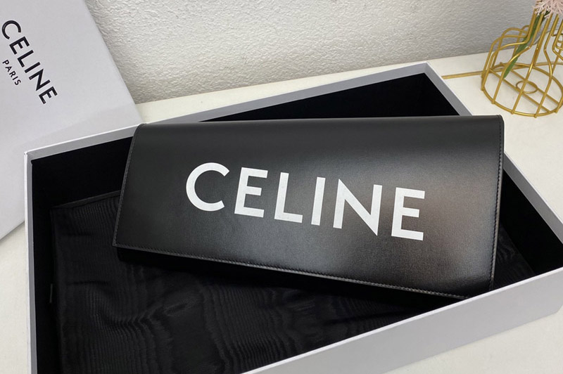 Celine 110763 ASYMETRIC CLUTCH bag IN BLACK SHINY CALFSKIN WITH CELINE PRINT