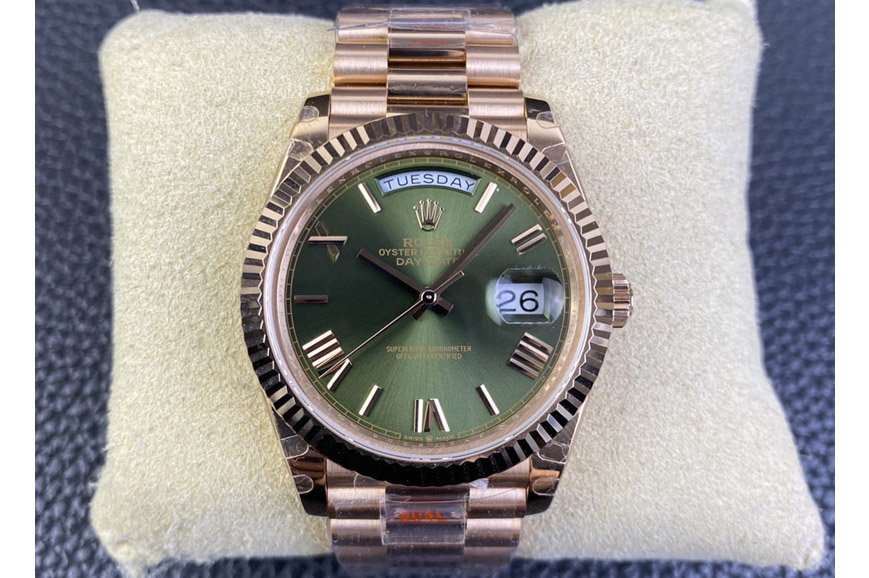 Rolex DayDate 40mm 228235 GMF 1:1 Gain Weight RG/Tungsten Green Dial Roman Markers on President Bracelet A3255