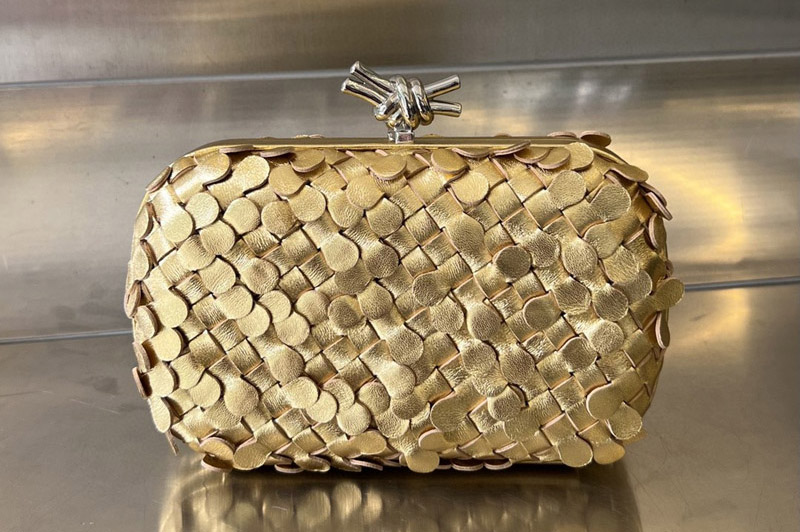 Bottega Veneta 717622 Knot Minaudiere clutch Bag in Gold Leather With Silver
