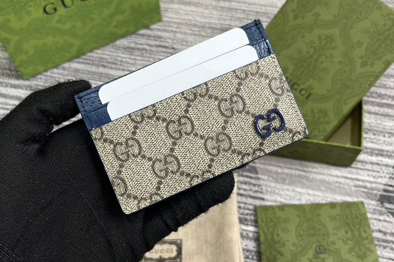 Gucci 768248 card case with GG detail in Beige and ebony GG Supreme canvas With Blue