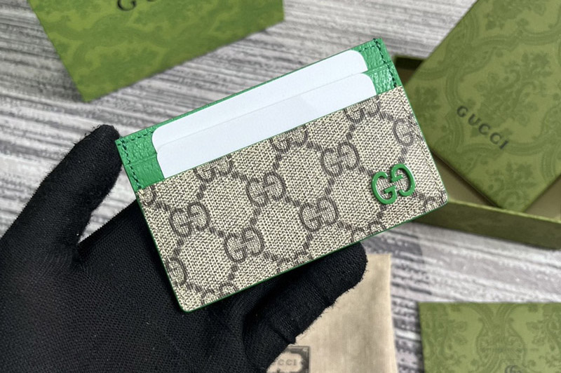 Gucci 768248 card case with GG detail in Beige and ebony GG Supreme canvas With Green