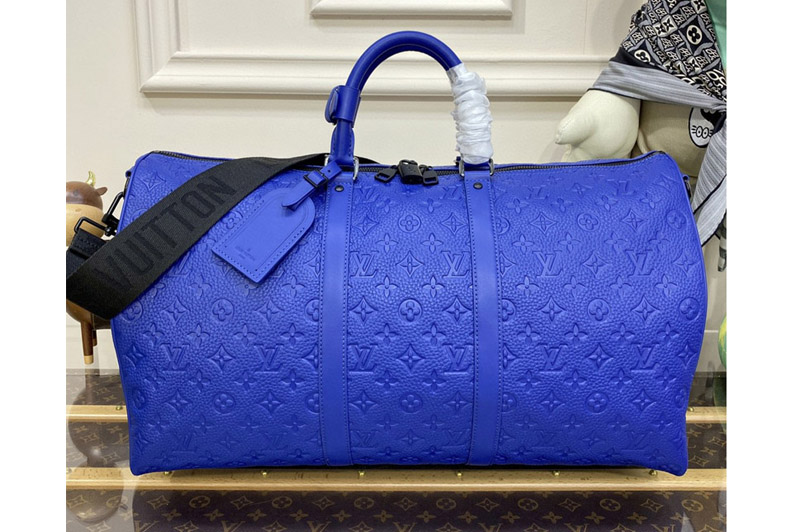 Louis Vuitton M23082 LV Keepall Bandouliere 50 Bag in Racing Blue Embossed Taurillon Monogram cowhide leather