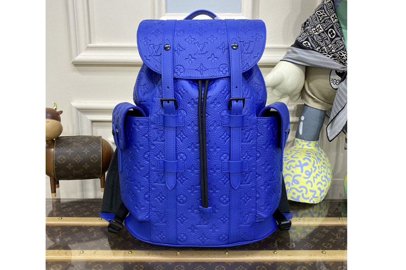 Louis Vuitton M23189 LV Christopher MM backpack in Racing Blue Embossed Taurillon Monogram cowhide leather